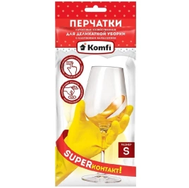 Перчатки хоз. латексные "Для деликатной уборки"с х/б напылением S желтые Komfi