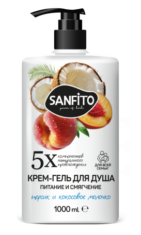  Sanfito Гель для душа 1,0 л Персик и кокосовое молочко Питание и смягчениее фото 1